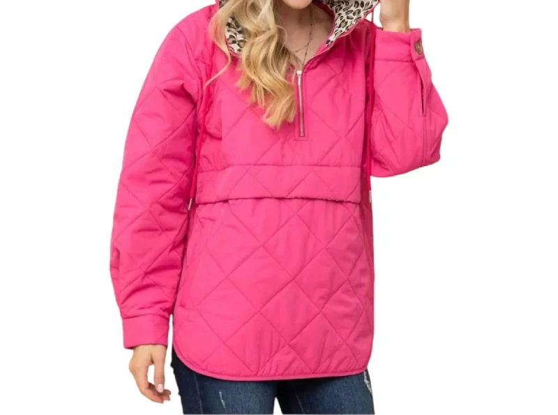 Quilted Half Zip Up Leopard Detailed Hoodie In Fuchsia