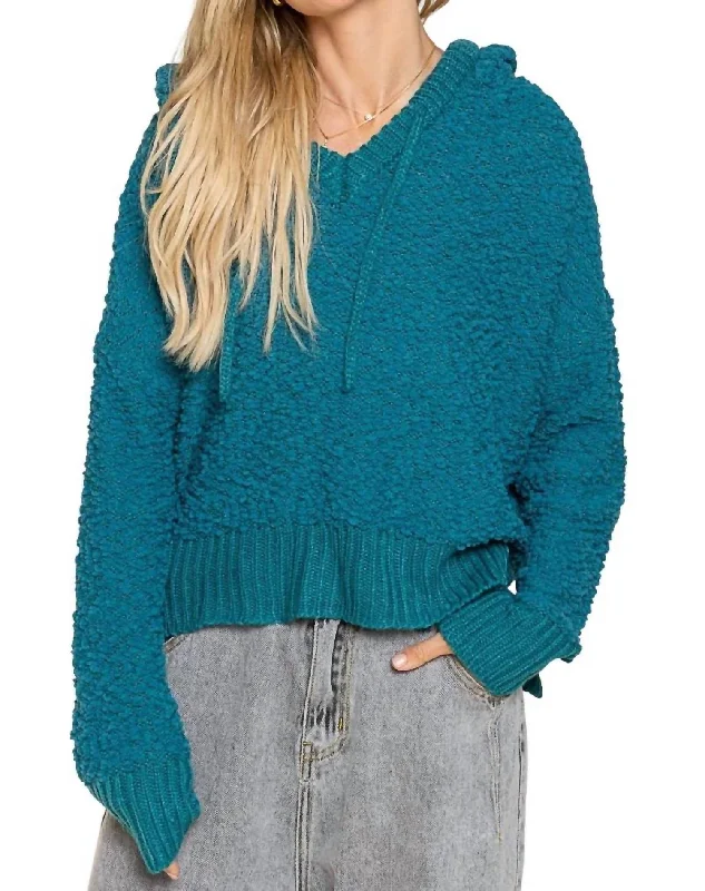 Texured Knit Hoodie In Teal