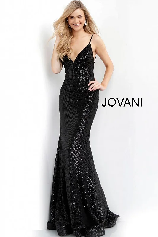 Fitted Backless Sequin Gown - Black