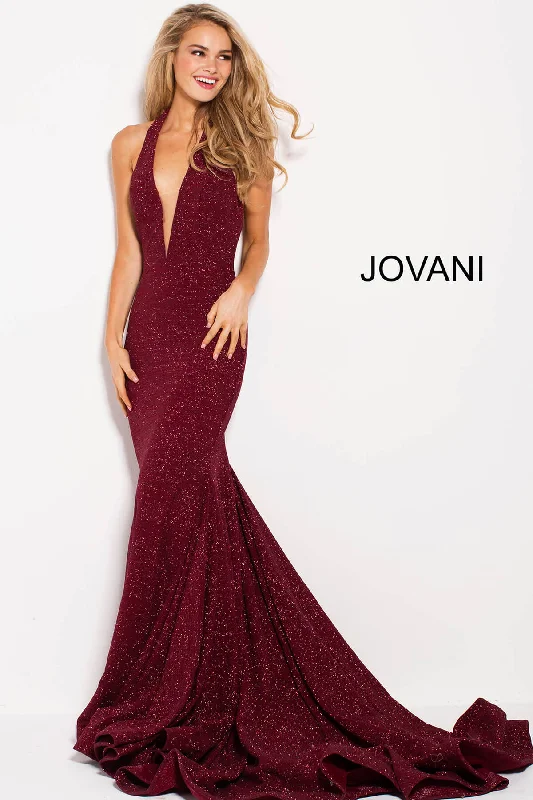 Halter Plunging Neck Prom Dress - Wine