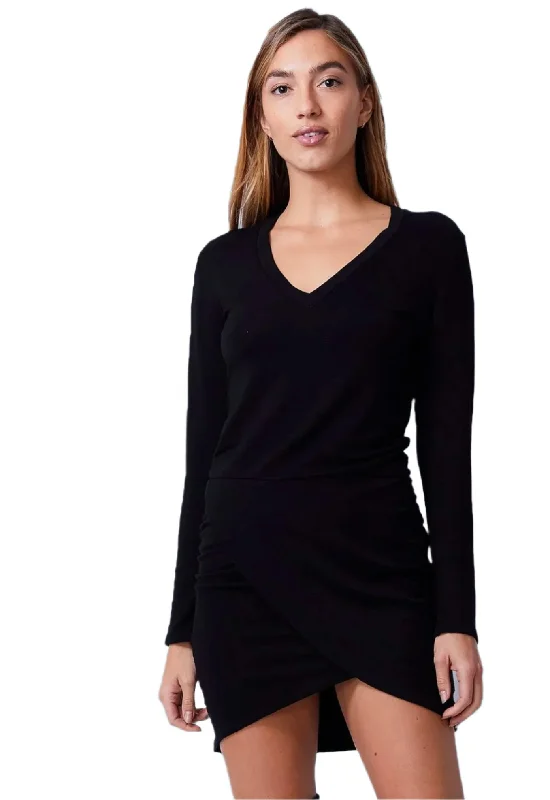 Supersoft Long Sleeve Overlap Shirred Dress - Black