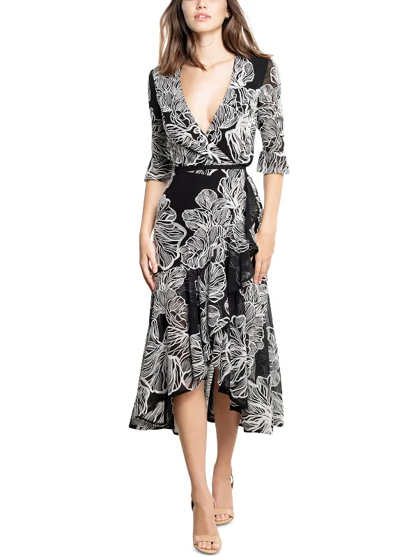 Ophelia Womens Embroidered Midi Wrap Dress