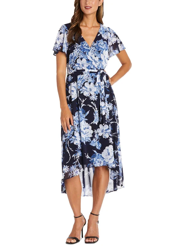 Petites Womens Floral Print Calf Midi Dress