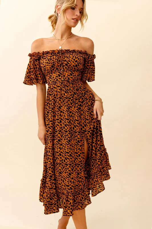 Voyager Off-Shoulder Bell Sleeve Midi Dress Leopard Print Brown