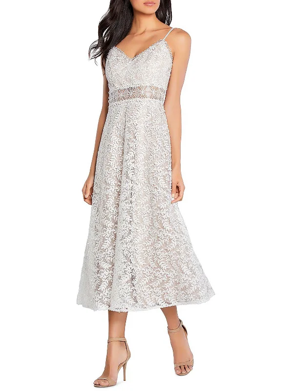 Womens Lace Overlay Mid Calf Midi Dress