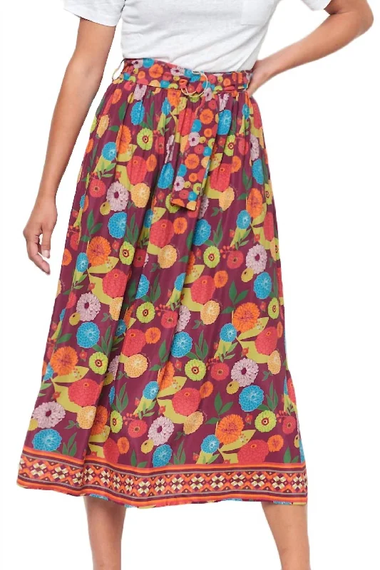 Bella Bouquet Print Skirt In Burgundy Multi