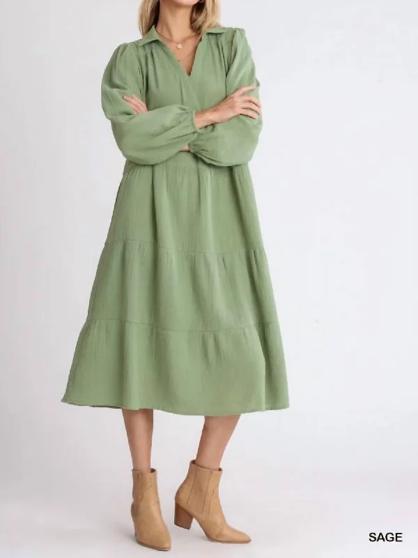 Gauze Long Sleeve Tiered Maxi Dress In Sage