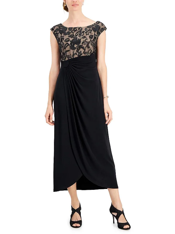 Petites Womens Gathered Maxi Evening Dress