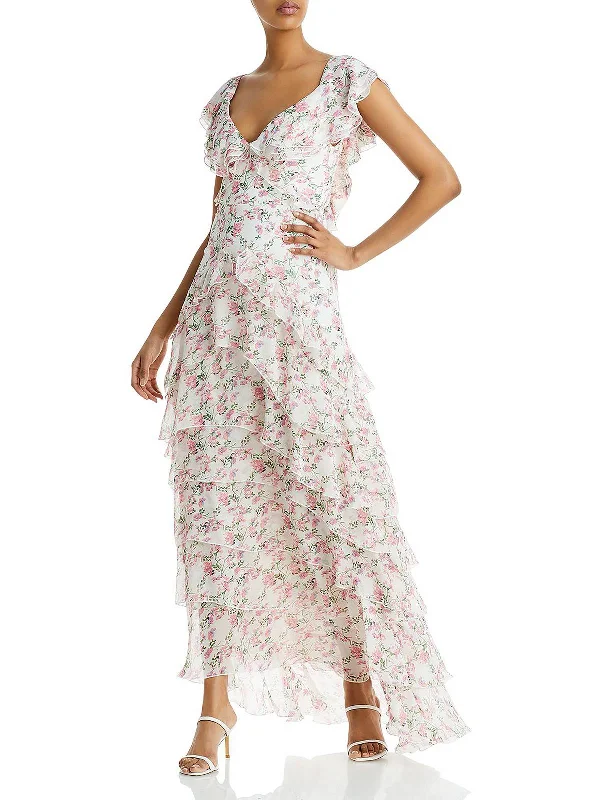 Rosie Womens Ruffled V-Neck Maxi Dress