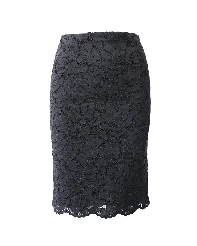 Sandro Paris Midi Pencil Skirt in Black Lace Cotton