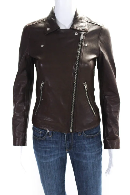 Allsaints Womens Brown Leather Full Zip Long Sleeve Motorcycle Jacket