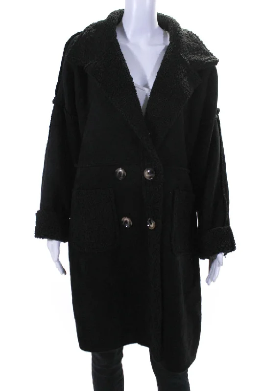 Apricot Women's Collar Button Closure Suede Long Coat Black