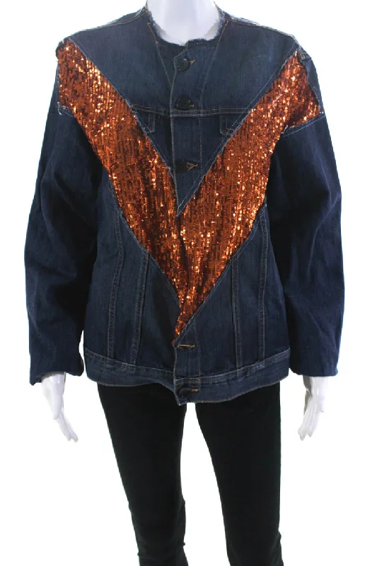 AZ Factory Womens Sequin Chevron Raw Hem Denim Jacket Blue Copper