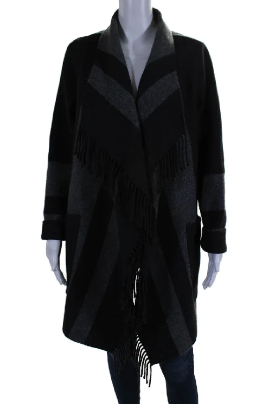 Diane Von Furstenberg Womens Fringe Open Front Striped Coat Gray Wool Medium