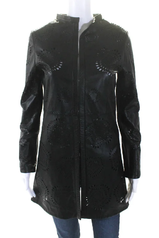 In Transit Womens Laser Cut Long Hook & Eye Leather Jacket Black