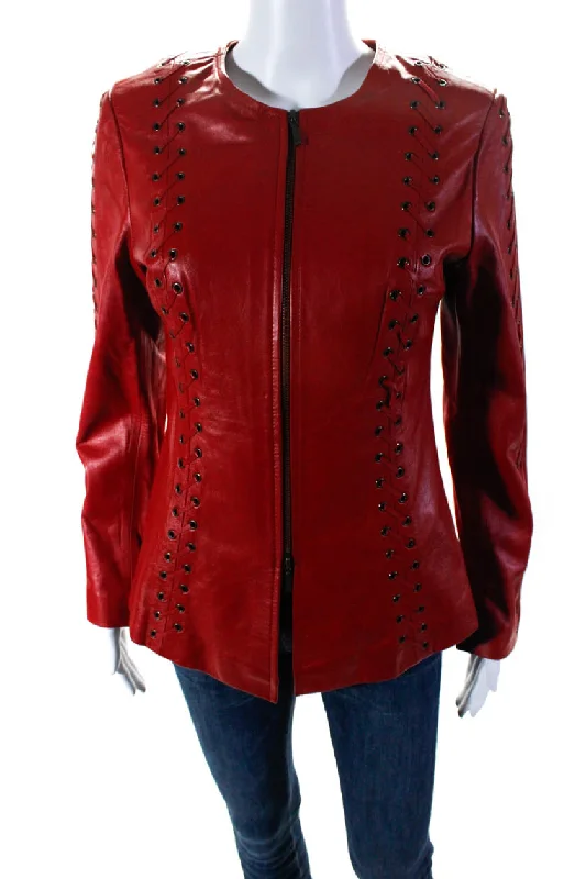 In Transit Womens Woven Leather Crew Neck Full Zip Jacket Red