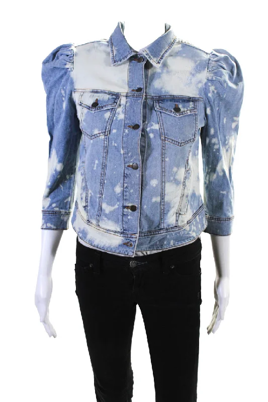 Retrofete Womens Button Front 3/4 Sleeve Jean Jacket Blue White