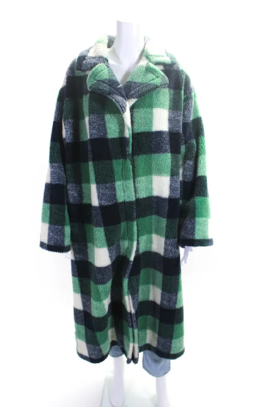 Stand Studio Womens Check Print Colorblock Fur Open Front Coat Green