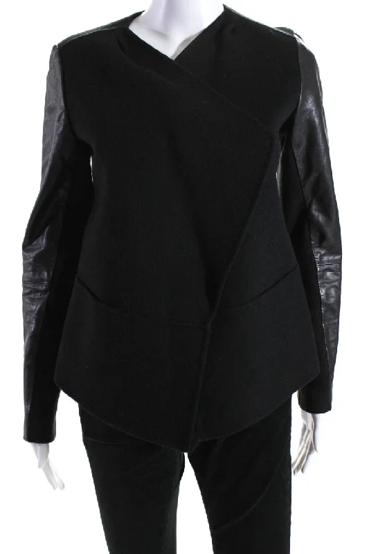 Vince Women's Collared Long Sleeves Open Front Leather Jacket Black