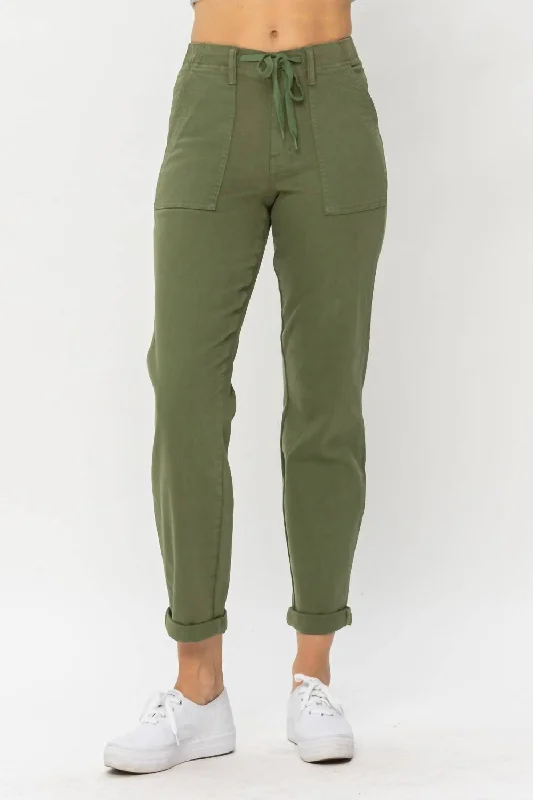 Elastic Waist Cuffed Joggers In Olive