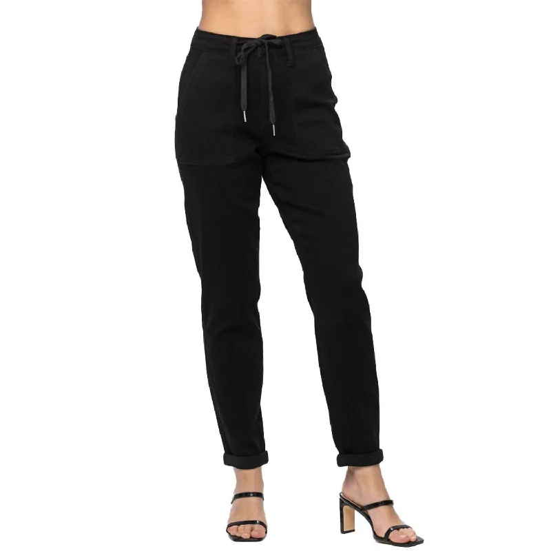 High Waist Double Roll Cuffed Jogger In Jet Black