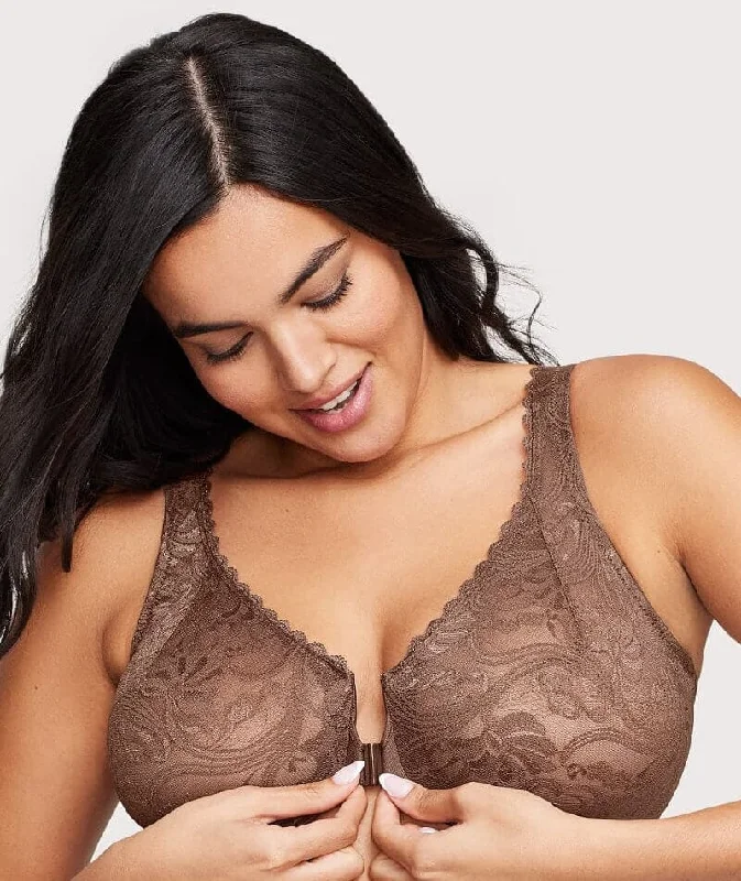 Glamorise WonderWire Front-Closure Stretch Lace Bra - Mocha