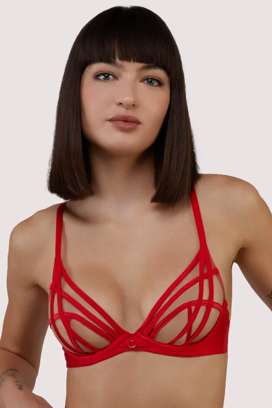 Ramona red Strap Detail Illusion Sheer Plunge Bra