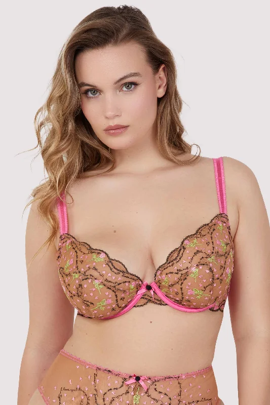 Spank Me Pink and Nude Custom Embroidery Plunge Bra