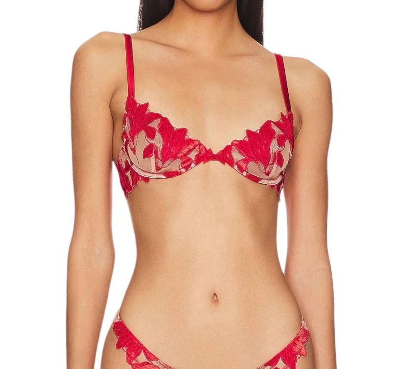 Velvet Lily Embroidery Bra In Red