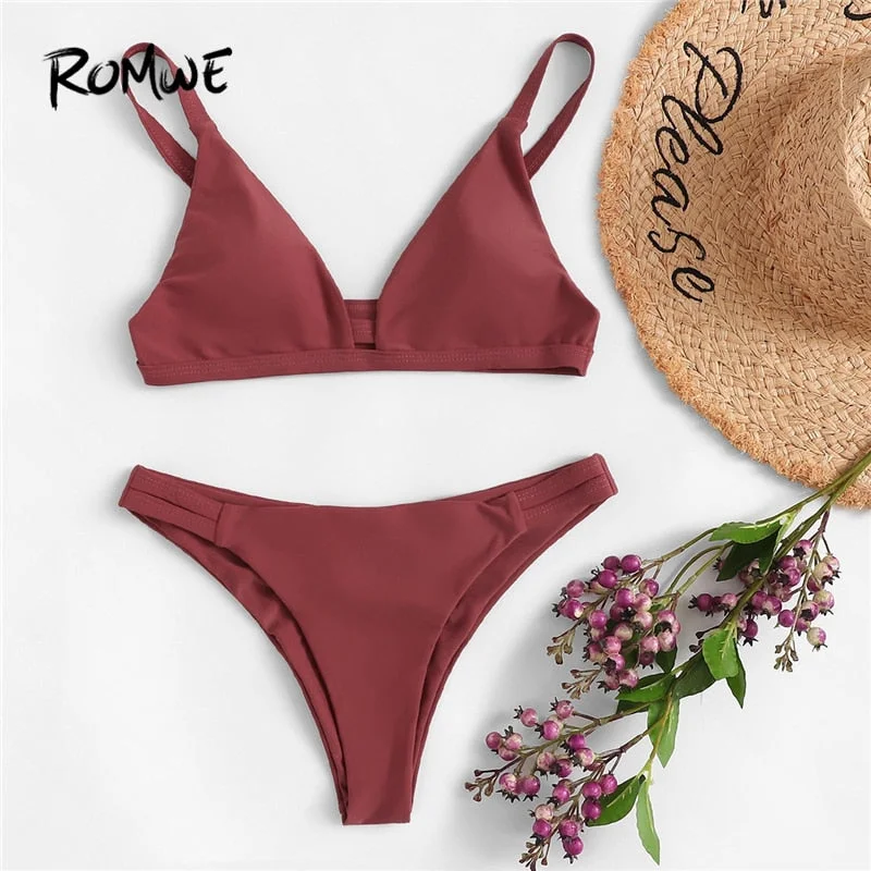 Romwe Sport Cut Out V Neck Triangle Bikini Set With Ruched Bikini Bottoms Summer Beach Solid Swimming Suit For Women Swimwear