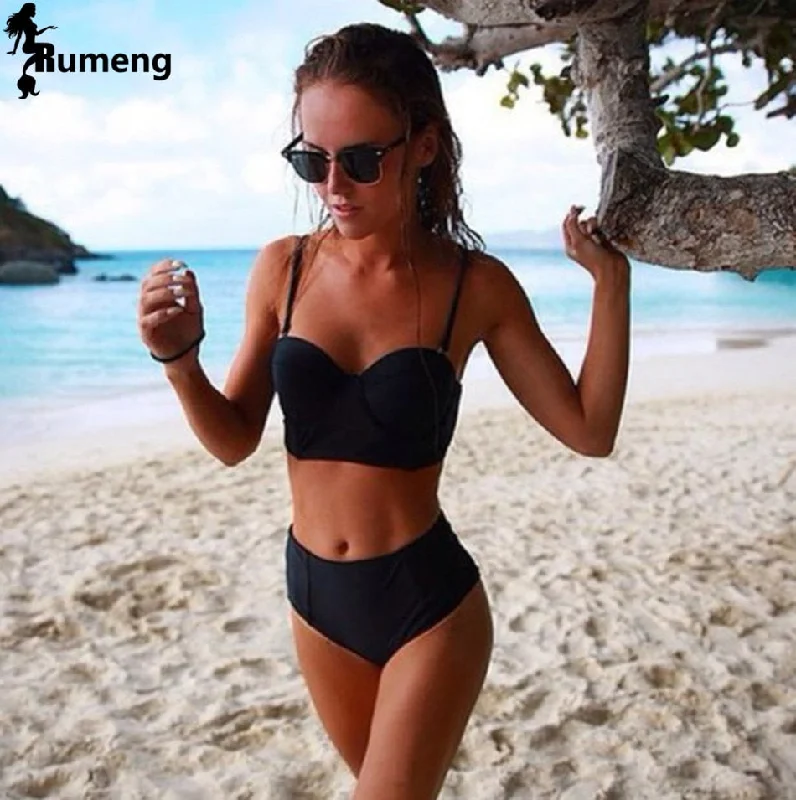 RUMENG Bikini Set Bandeau Black Bikinis Push up Swimsuit High Waist Plus Size Swimwear Women Suits Biquini 2019 New bikini