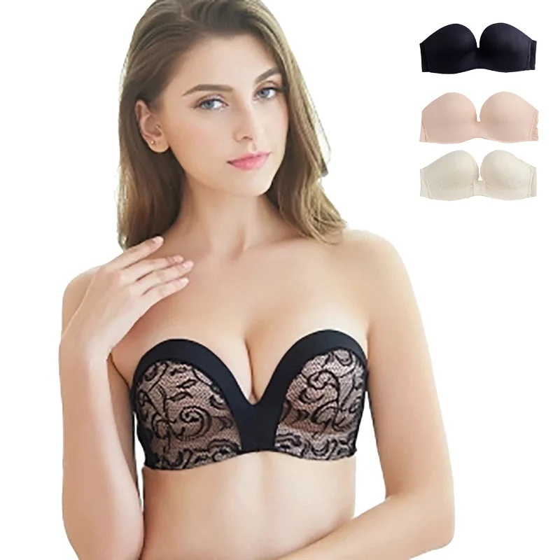 Sexy Lace Bra Blackless Seamless Bras For Women Push Up Lingerie Clear Back Brassiere 1/2 Cup Invisible Strapless Underwear #D