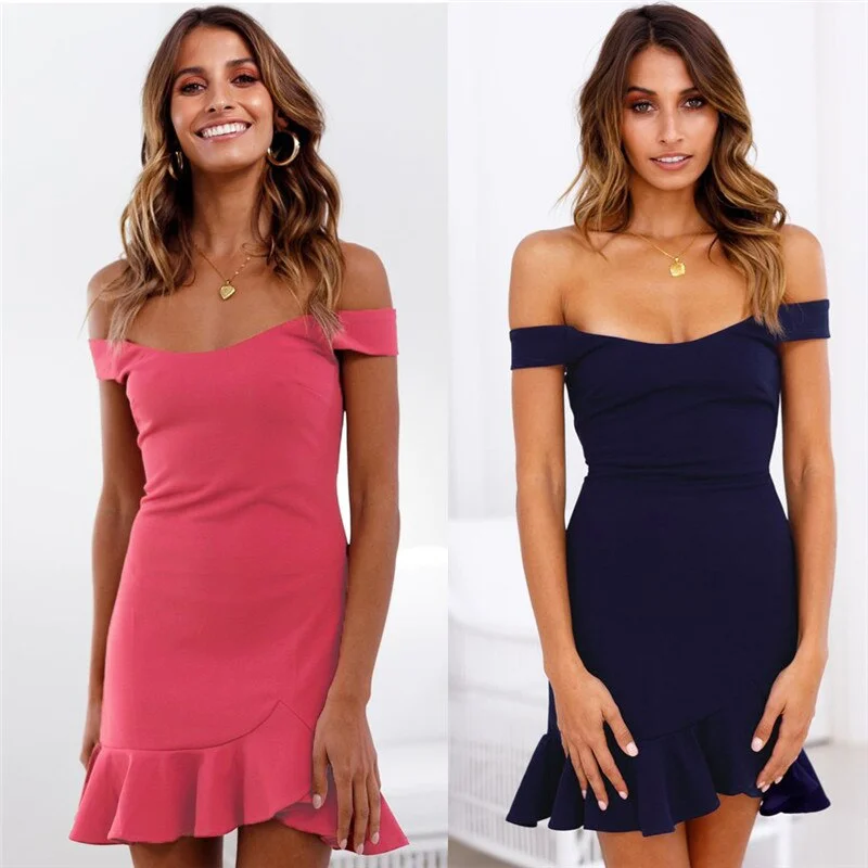 Sexy Off Shoulder A-Line Dress Fashion Summer Solid Color Mini Dress Lace Hem Design Strapless Backless Bodycon Dress