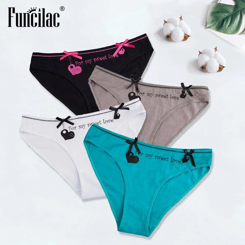 Sexy Women's Panties Cotton Underwear Briefs for Ladies Bikini Girls Heart Print Lingerie Knickers Underpants 4 Pcs/lot FUNCILAC