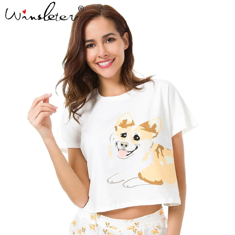 Summer 2019 Women Tops Corgi Print Sleep Top Cute Batwing Sleeve S-XXL Cotton T shirt Pajamas T61014