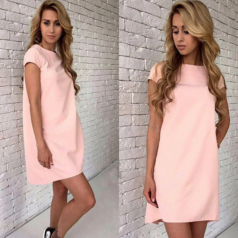 Summer Beach Dress Casual Women Female Short Sleeve Loose Mini A-line Dresses Candy Color Straight Vestidos  S-XX