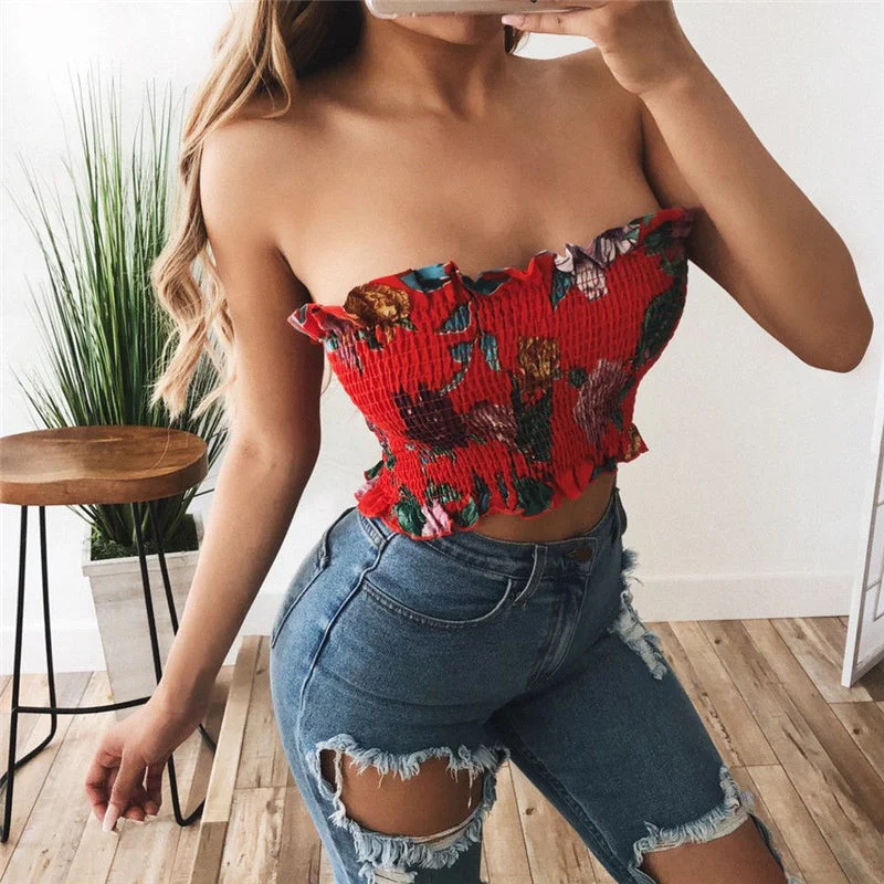 Summer Boho Style Fashion Women Off Shoulder Elastic Tube Tops Bra Blouse Strapless Bandeau Crop Top Shirt Red Floral Tank