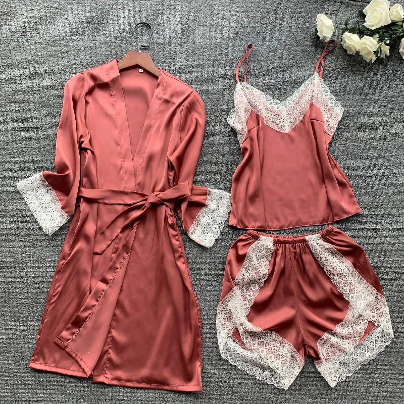 Summer Women Robe Set Silk Rayon Bath Robes Dress Kimono Gowns Sexy Lace Sleepwear 3PCS Sleep Suit Home Clothing M-XXL S0110