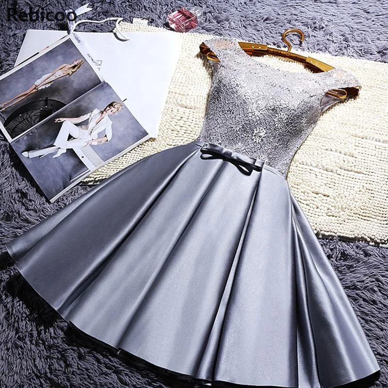 Sweet Women Dinner Evening Party Dress O-Neck Sleeveless Ribbon Bow Lace Satin Fabric Dresses For Bridesmaid Wedding