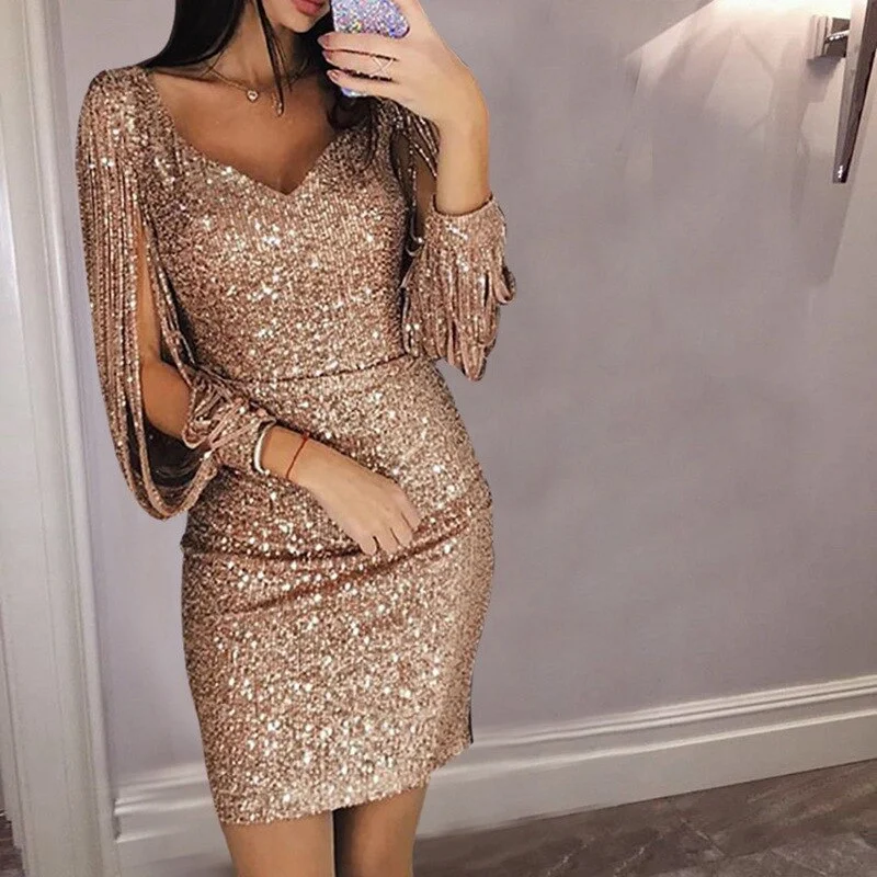 Tassel Lantern Sleeve Sequin Dress Women Sexy V Neck Bodycon Dresses Summer Spring Stylish Party Dress Sequined Vestido