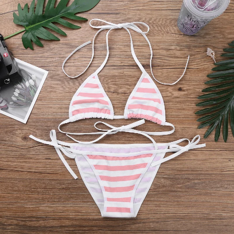 TiaoBug Women Cute Kawaii Japanese Style Stripe Cotton Strappy Bra Top Briefs Bikini Set Lingerie Fancy Party Beach Underwear