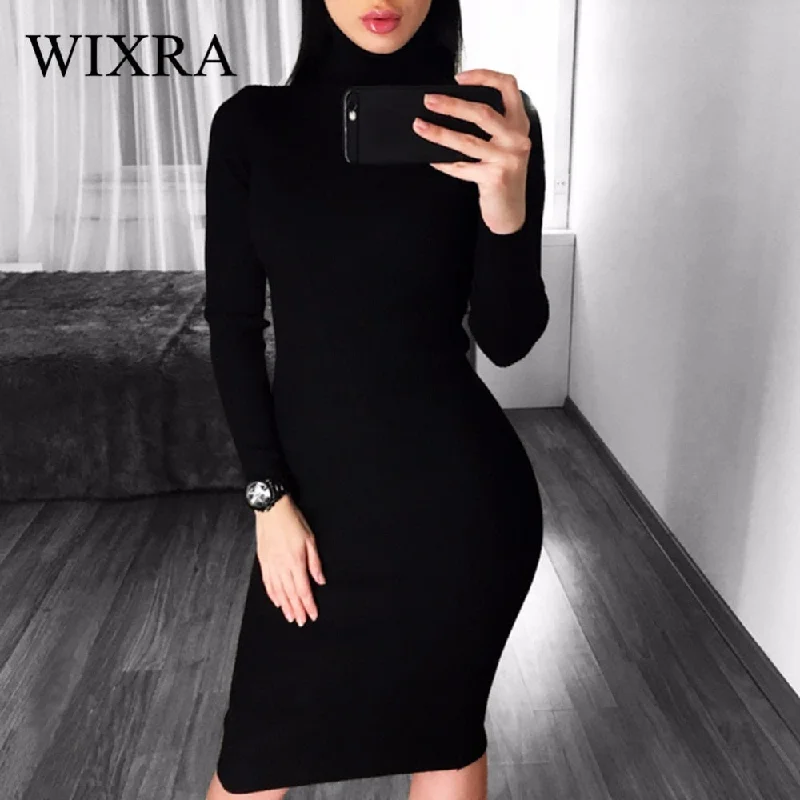 Wixra Warm Women Autumn Winter Sweater Knitted Dresses Slim Elastic Turtleneck Long Sleeve Sexy Lady Bodycon Robe Dresses