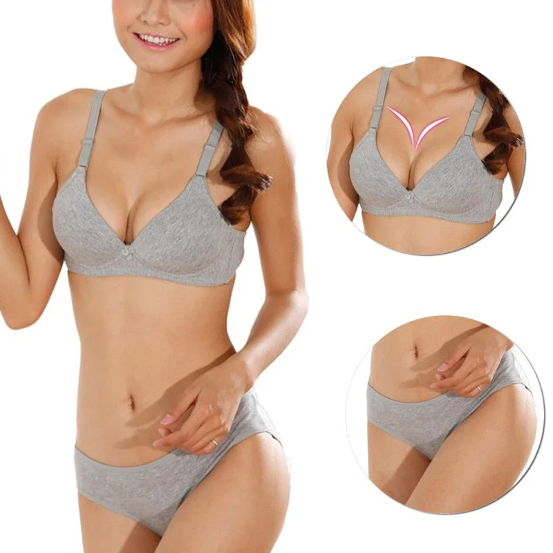 Women Bra Sets Lingerie Girls No Rims Glossy Bras Underwear Push-Up Padded Cotton Brassiere + Panties