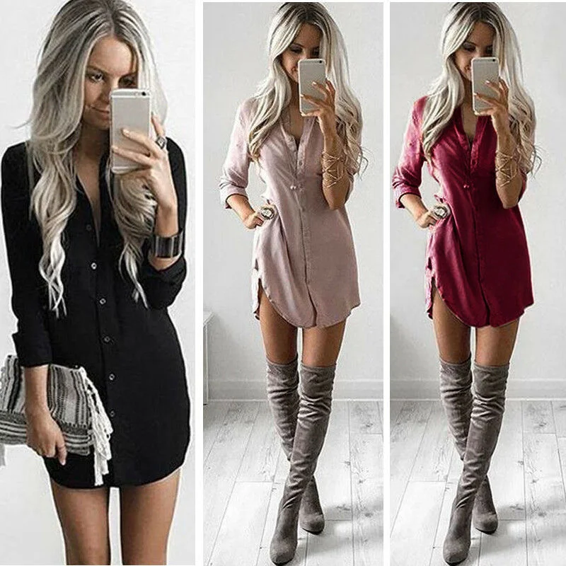 Women Fashion Blouse Shirt Dress Summer Casual Loose Long Sleeve Blouse Tops Casual Blouse Dress