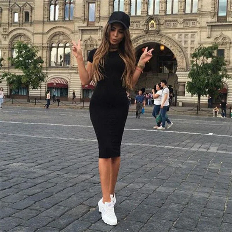 Women Long Dress Fashion Solid Color Mid-Calf Bodycon Dress O-Neck Short/ Long Sleeve Hip Dress Autumn Winter Skinny Dress