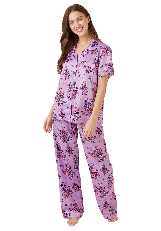 Indigo Sky Twilight Floral Satin Pyjama Set, Lilac