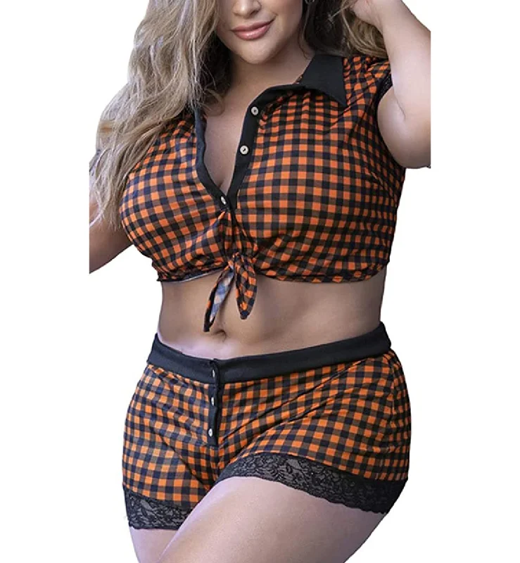 Mapale 2 Piece PJ Set: Knot Tie Crop Top & Cheeky Short PLUS size (7406X) - Black/Orange Gingham