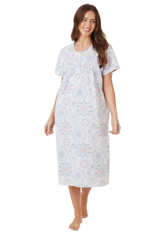 Marlon Pastel Cotton Short Sleeve Long Nightdress, Blue