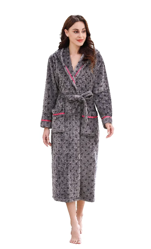 Richie Women's Polka Long Hooded Robe Collared Sleepwear Housecoat RHW2882